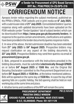 Pakistan Single Window Islamabad Tender Notice